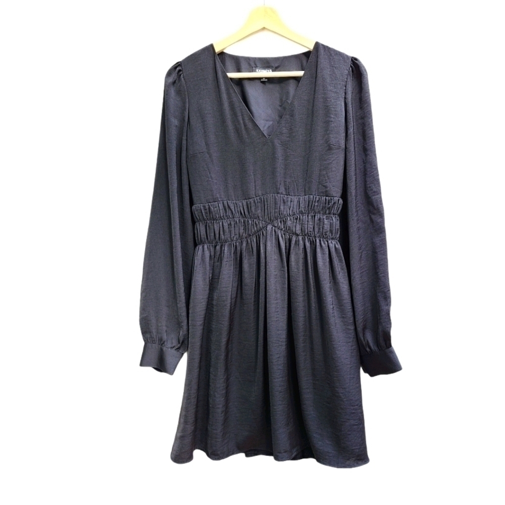 Express Black Silky V-Neck Long Sleeve Smocked Waist Mini Dress Small